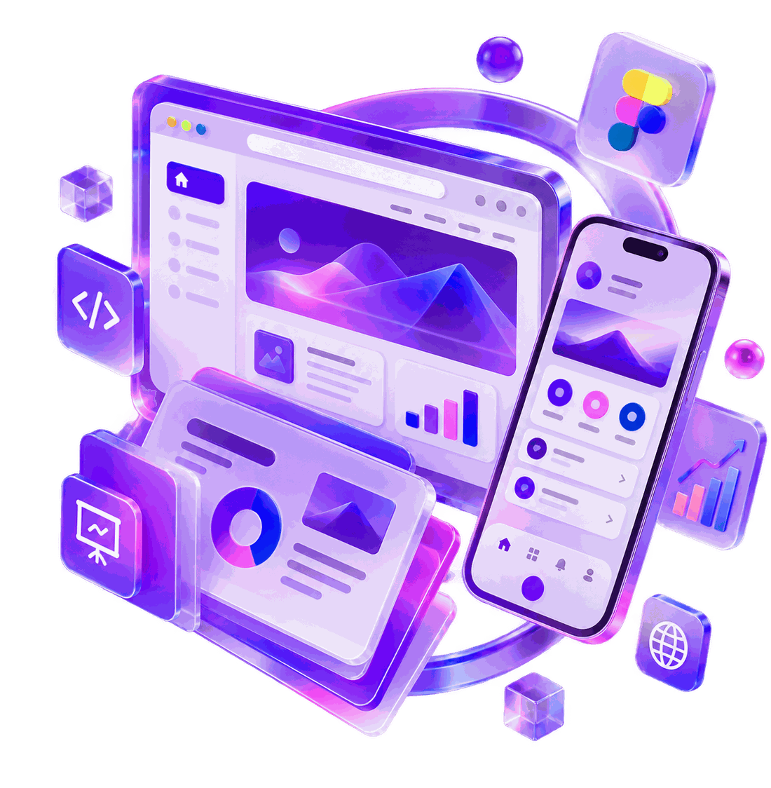 Ilustrasi 3D perangkat digital: website, aplikasi mobile, dashboard data, dan materi presentasi