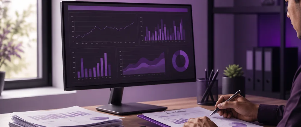Monitor menampilkan dashboard grafik penjualan, dengan tumpukan laporan cetak dan tangan memegang pena saat memeriksa angka