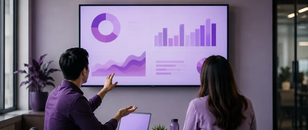 Dua orang dalam ruang rapat menghadap layar besar berisi slide presentasi dengan grafik