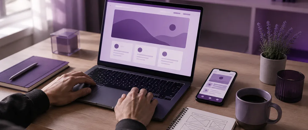 Meja kerja dengan laptop menampilkan rancangan halaman website, ponsel dengan tampilan versi mobile, dan buku catatan berisi sketsa wireframe